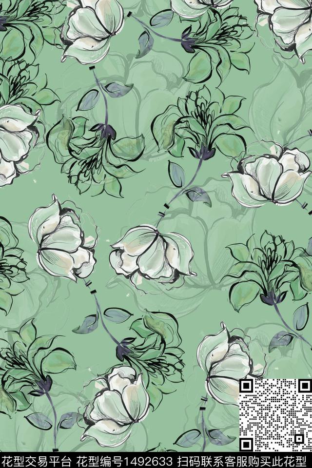 绿植树叶花卉大牌风数码印花花型下载（图片编号: 1492633） - 瓦栏（Walan）