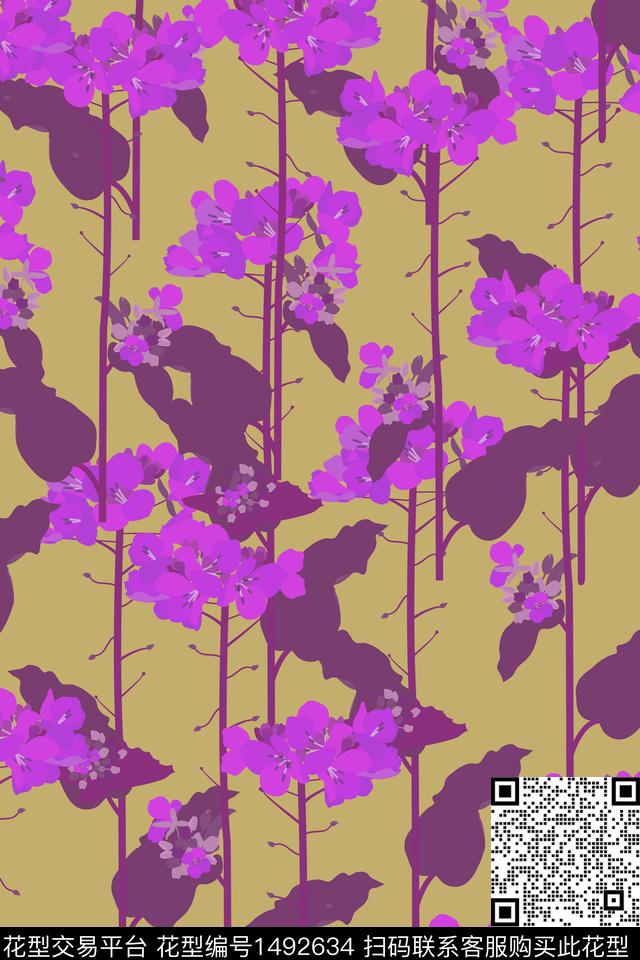 绿植树叶黄花花卉数码印花花型下载（图片编号: 1492634） - 瓦栏（Walan）