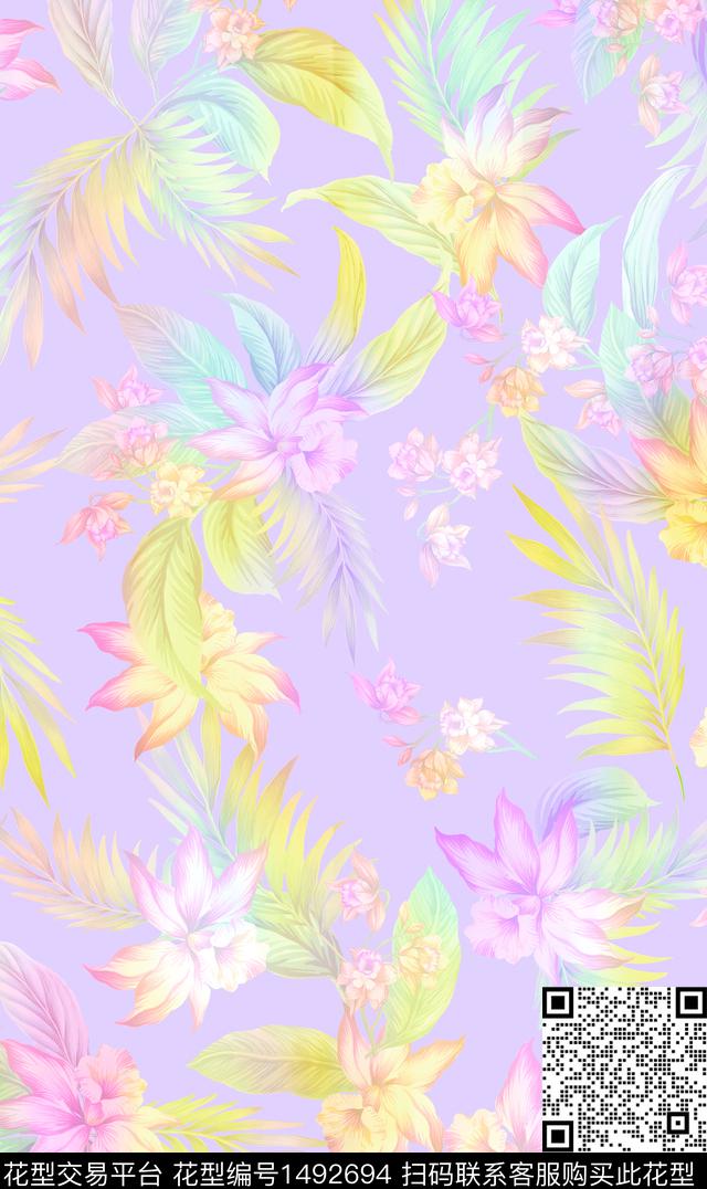 热带花浅紫底.jpg - 1492694 - 泳装花型 绿植树叶 枫叶 - 数码印花花型 － 女装花型设计 － 瓦栏
