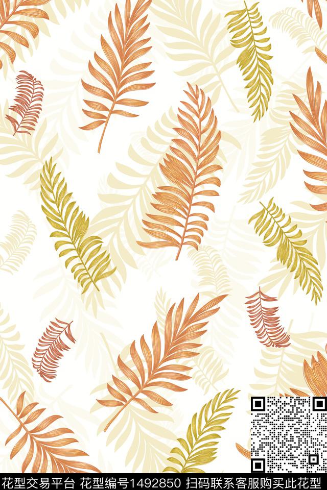 绿植树叶大牌风手绘数码印花花型下载（图片编号: 1492850） - 瓦栏（Walan）