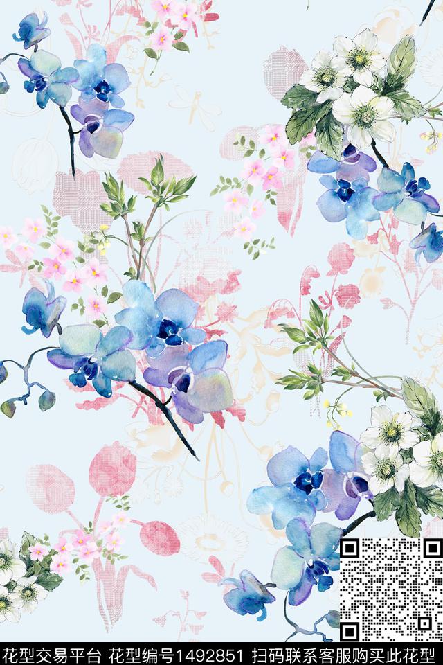 花卉大牌风手绘数码印花花型下载（图片编号: 1492851） - 瓦栏（Walan）