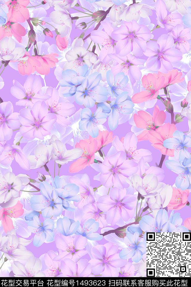 花卉大牌风粉色数码印花花型下载（图片编号: 1493623） - 瓦栏（Walan）