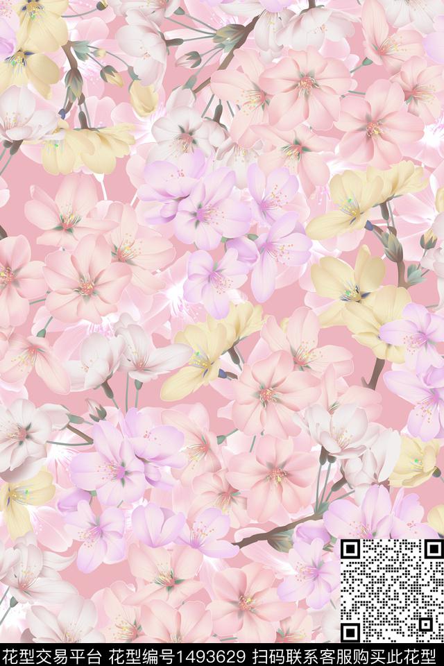 花卉大牌风粉色数码印花花型下载（图片编号: 1493629） - 瓦栏（Walan）