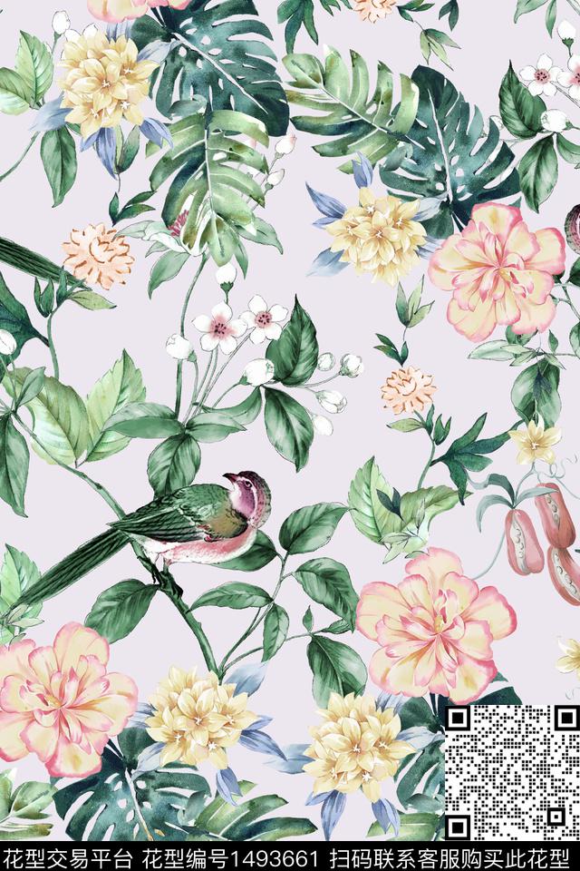 清爽底花卉花卉热带花型数码印花花型下载（图片编号: 1493661） - 瓦栏（Walan）