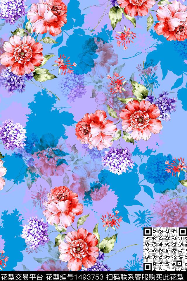 花卉大牌风手绘数码印花花型下载（图片编号: 1493753） - 瓦栏（Walan）