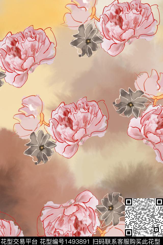 花型11.jpg - 1493891 - 花卉蝴蝶 写意 连衣裙 - 数码印花花型 － 女装花型设计 － 瓦栏