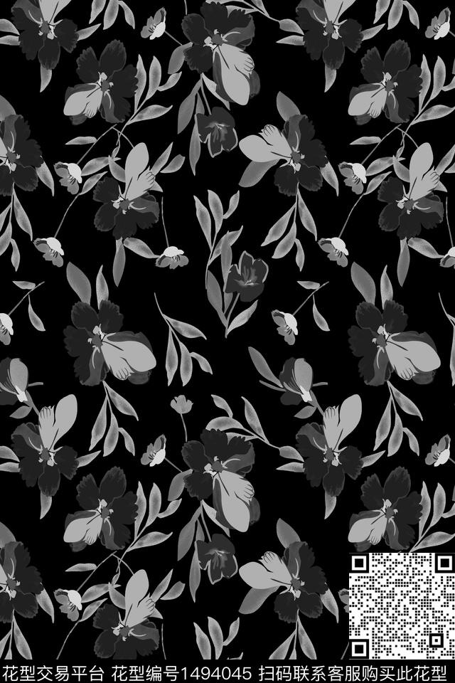 黑白碎花.jpg - 1494045 - 玉兰花 黑底花卉 连衣裙 - 数码印花花型 － 女装花型设计 － 瓦栏
