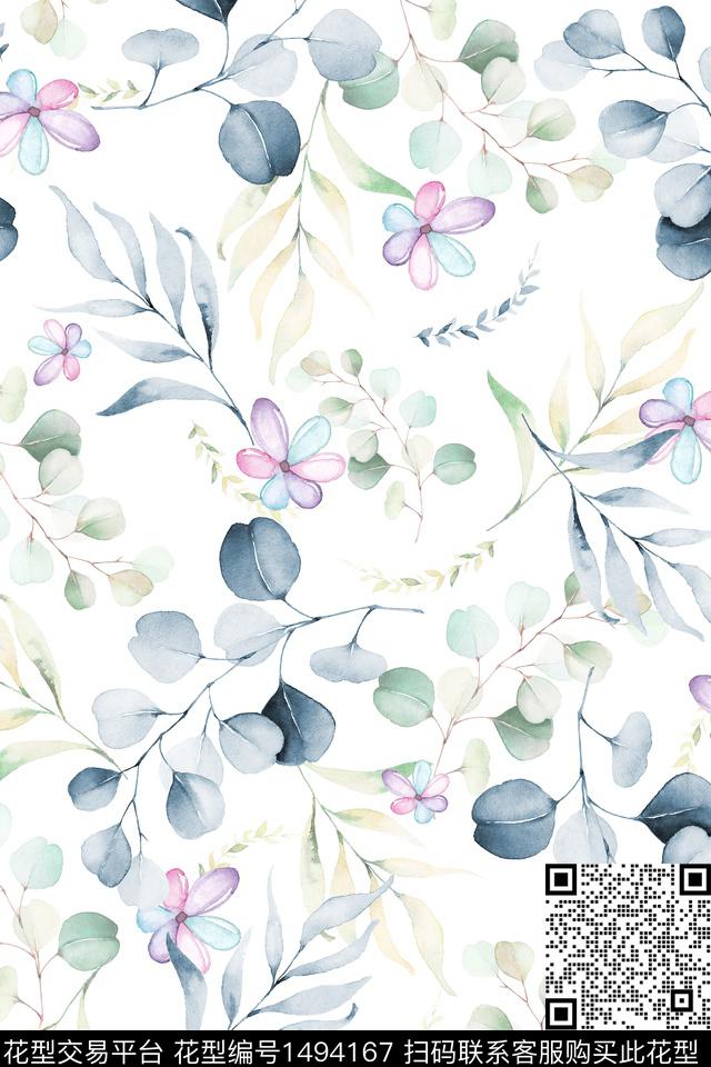 WC02655.jpg - 1494167 - 水彩 绿植树叶 雪纺 - 数码印花花型 － 女装花型设计 － 瓦栏