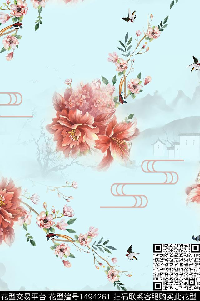 邑-dx057-1.jpg - 1494261 - 花卉 中国 国潮 - 数码印花花型 － 女装花型设计 － 瓦栏