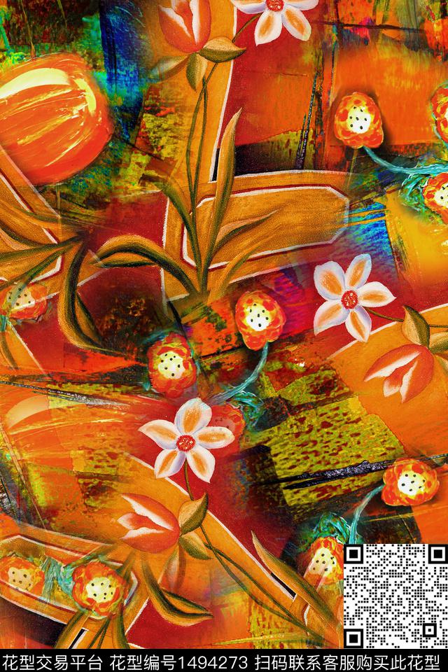 邑-dx059-1.jpg - 1494273 - 花卉 大牌风 抽象 - 数码印花花型 － 女装花型设计 － 瓦栏