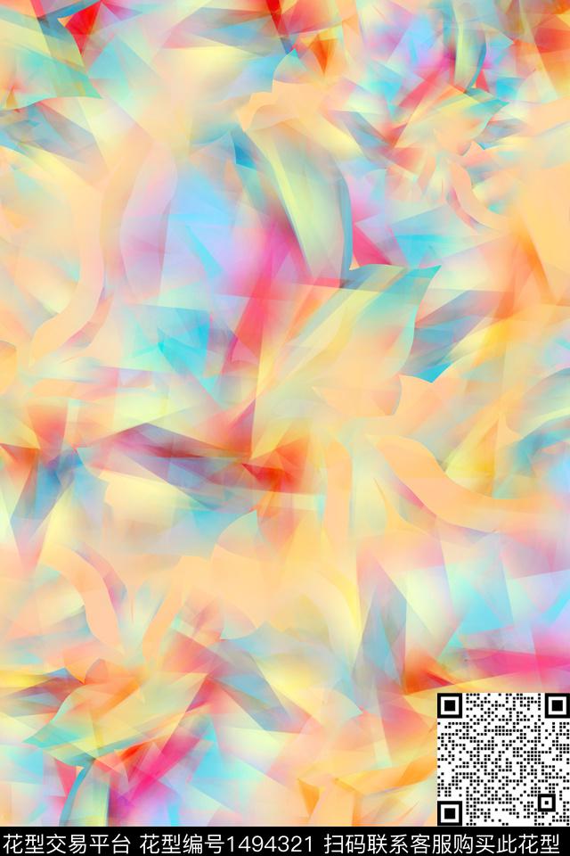 几何花卉水彩炫彩数码印花花型下载（图片编号: 1494321） - 瓦栏（Walan）