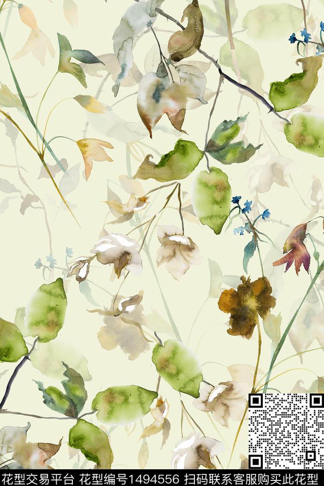 XZ3343.jpg - 1494556 - 小清新 真丝 绿植树叶 - 数码印花花型 － 女装花型设计 － 瓦栏