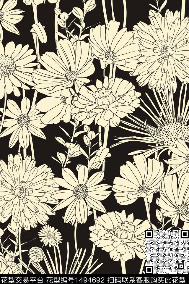 线条雏菊花朵.jpg - 1494692 - 数码花型 线条 文艺 - 数码印花花型 － 女装花型设计 － 瓦栏