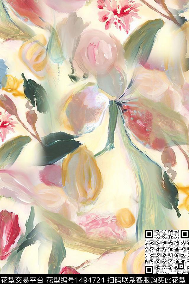 XZ3393.jpg - 1494724 - 花卉 抽象 小清新 - 数码印花花型 － 女装花型设计 － 瓦栏