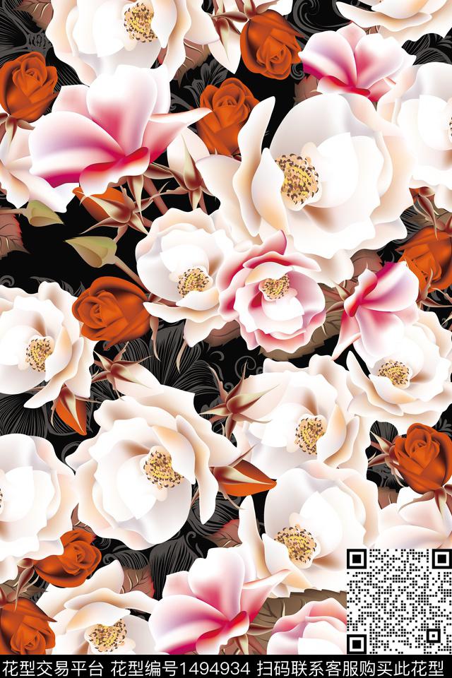 5.8玫瑰牡丹花.jpg - 1494934 - 黑白花型 温室花卉 大牌风 - 数码印花花型 － 女装花型设计 － 瓦栏