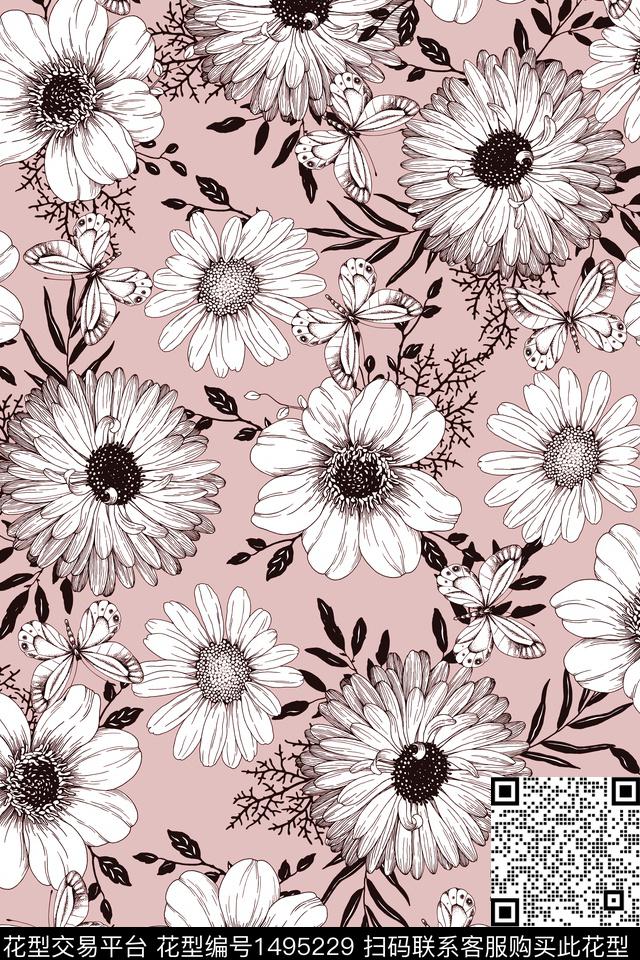 花卉20111-2.jpg - 1495229 - 黑白花型 菊花 白花 - 数码印花花型 － 女装花型设计 － 瓦栏