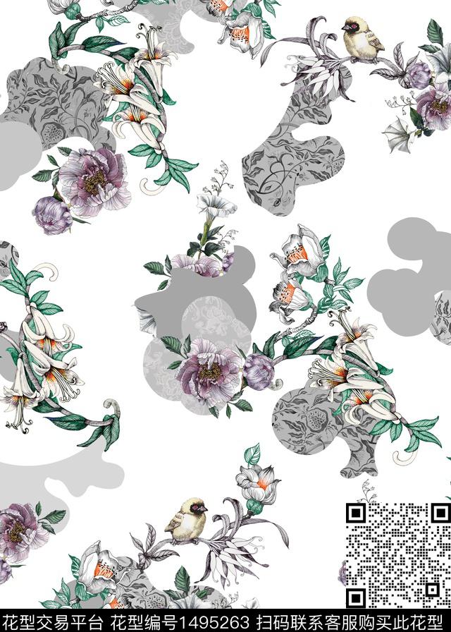 LL025091.jpg - 1495263 - 花鸟 手绘 底纹 - 数码印花花型 － 女装花型设计 － 瓦栏