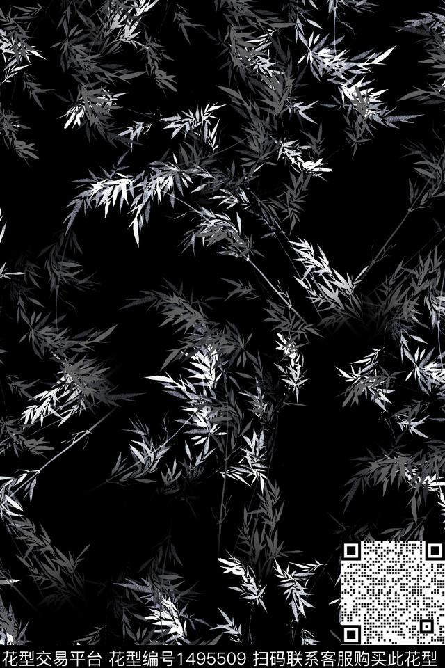 Z12633.jpg - 1495509 - 黑底花卉 绿植树叶 大牌风 - 数码印花花型 － 女装花型设计 － 瓦栏