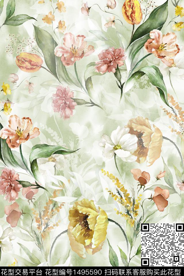 XZ3423.jpg - 1495590 - 花卉 小清新 真丝 - 数码印花花型 － 女装花型设计 － 瓦栏