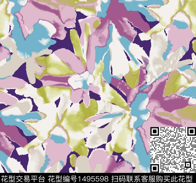 时尚水彩抽象花卉数码印花花型下载（图片编号: 1495598） - 瓦栏（Walan）
