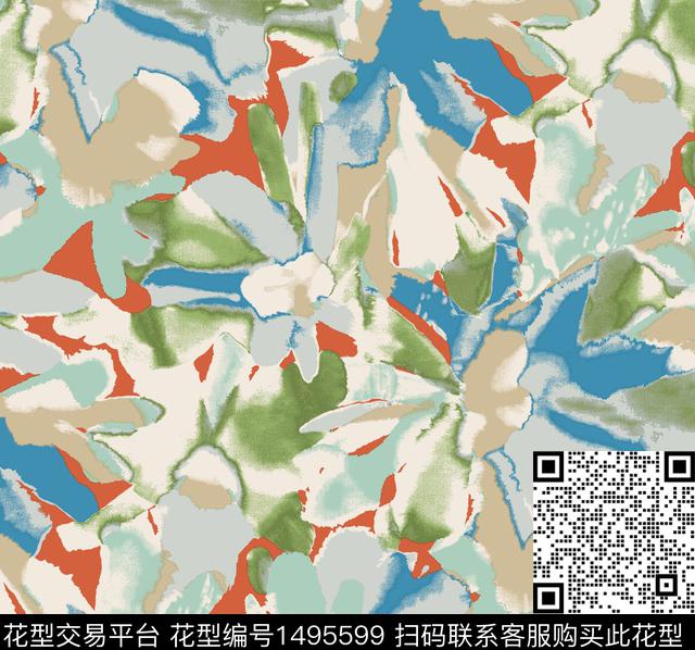 时尚水彩抽象花卉数码印花花型下载（图片编号: 1495599） - 瓦栏（Walan）