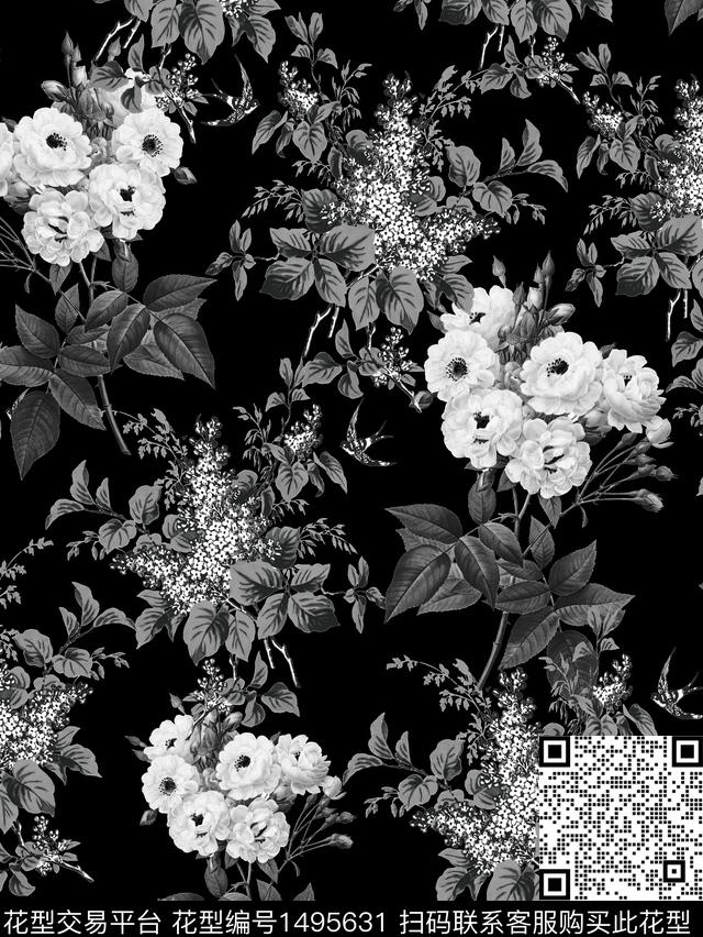 简约花卉手绘数码印花花型下载（图片编号: 1495631） - 瓦栏（Walan）