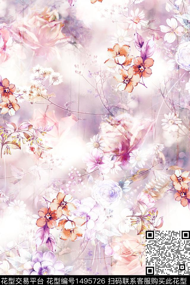lin-0513-1.jpg - 1495726 - 香云纱 水彩花卉 数码花型 - 传统印花花型 － 女装花型设计 － 瓦栏