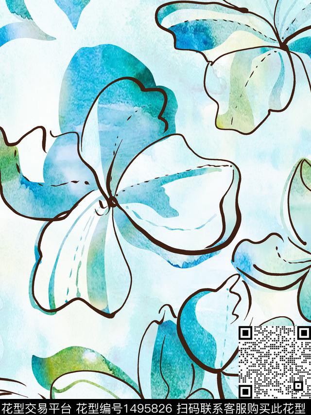 线条花卉水彩花卉手绘大花数码印花花型下载（图片编号: 1495826） - 瓦栏（Walan）