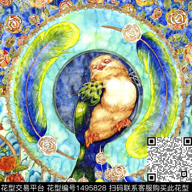 大丝巾调色啊2.jpg - 1495828 - 羽毛 玫瑰花 手绘 - 传统印花花型 － 方巾花型设计 － 瓦栏