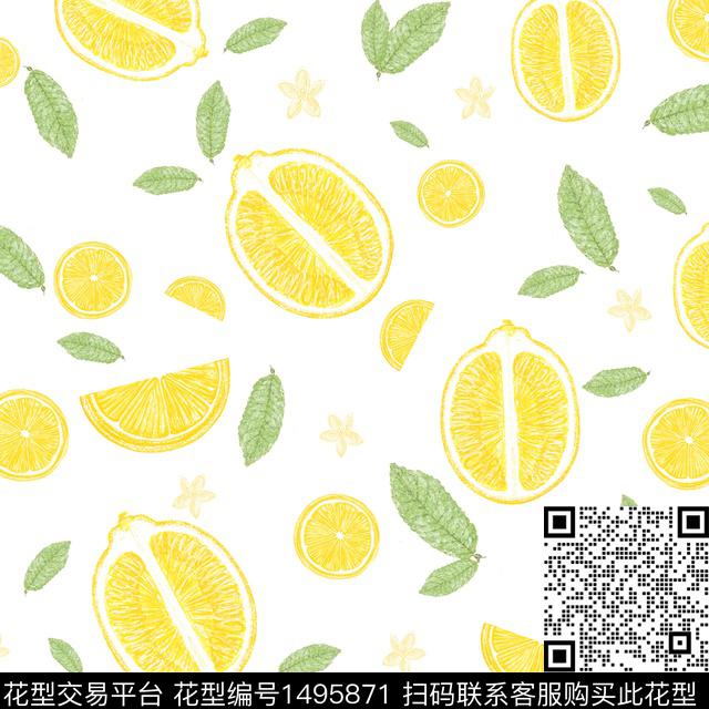 夏天的柠檬.jpg - 1495871 - 柠檬 小清新 绿植树叶 - 数码印花花型 － 泳装花型设计 － 瓦栏