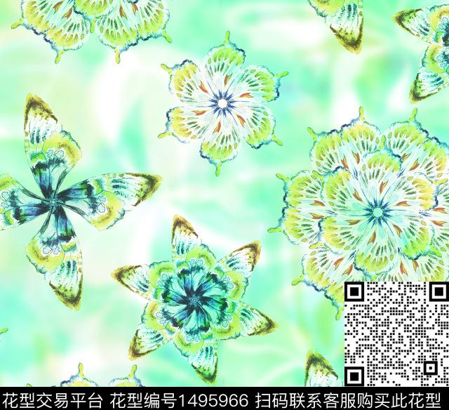 抽象花卉女装渐变数码印花花型下载（图片编号: 1495966） - 瓦栏（Walan）