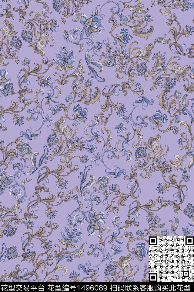 复古花卉大牌风数码印花花型下载（图片编号: 1496089） - 瓦栏（Walan）