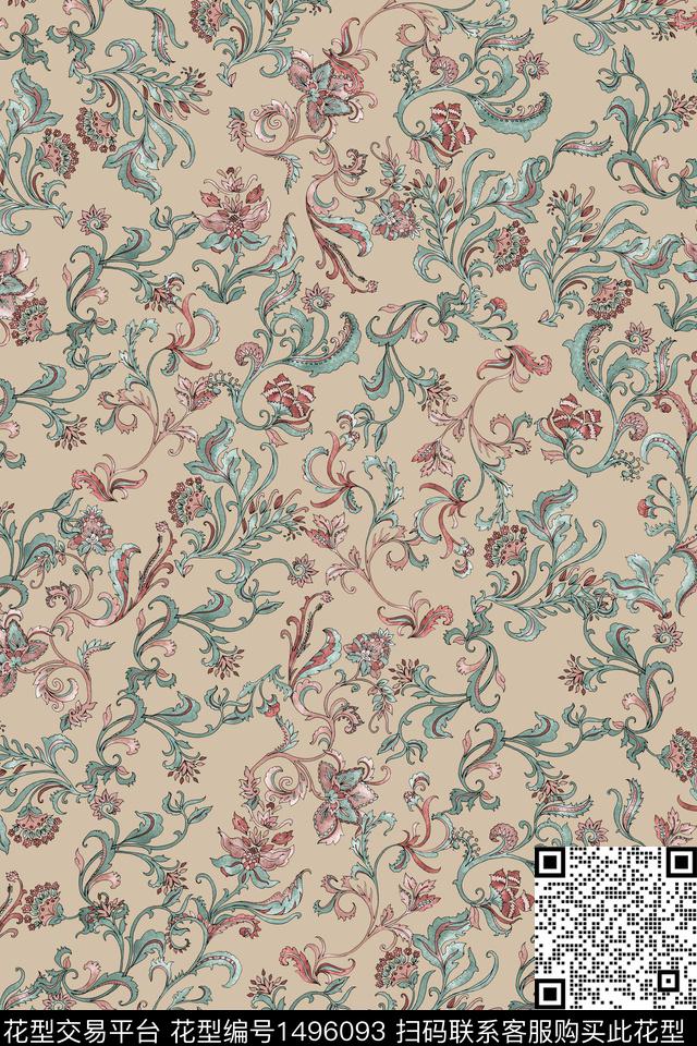 复古花卉大牌风数码印花花型下载（图片编号: 1496093） - 瓦栏（Walan）