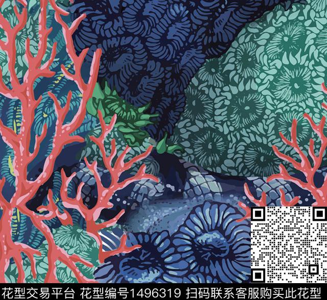 J513605-A.jpg - 1496319 - 热带花型 浪花 珊瑚 - 数码印花花型 － 男装花型设计 － 瓦栏