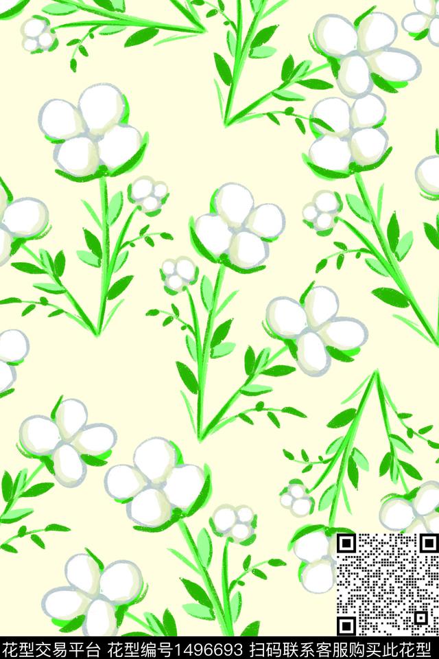 清爽底花卉木棉花简约数码印花花型下载（图片编号: 1496693） - 瓦栏（Walan）