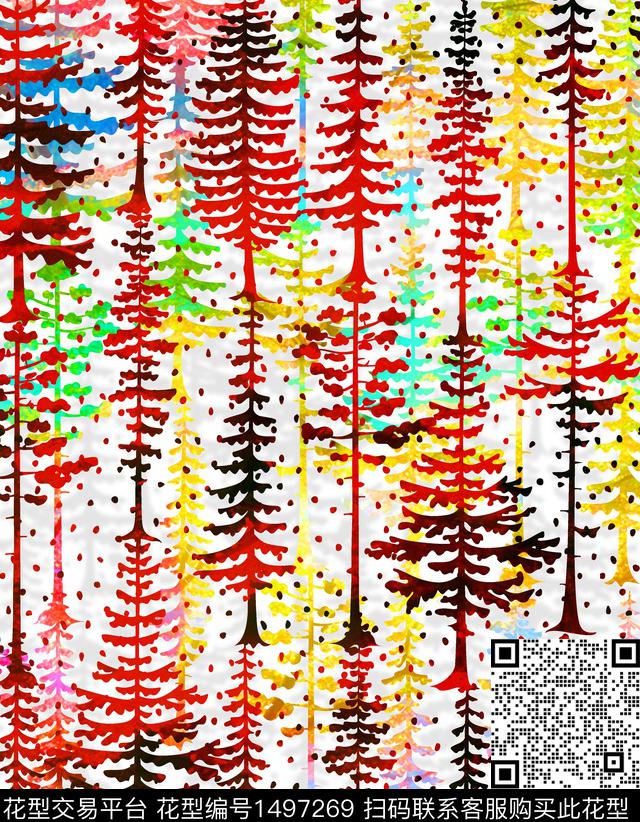 树林扎染花型花卉数码印花花型下载（图片编号: 1497269） - 瓦栏（Walan）