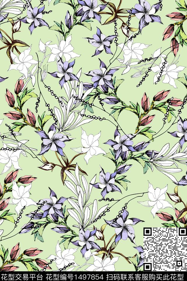 绿植树叶花卉大牌风数码印花花型下载（图片编号: 1497854） - 瓦栏（Walan）