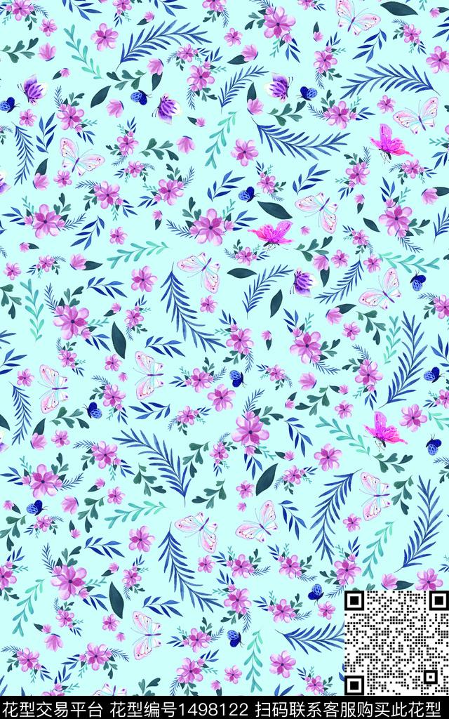 蝶恋花.jpg - 1498122 - 花卉蝴蝶 蓝色 水彩 - 数码印花花型 － 女装花型设计 － 瓦栏