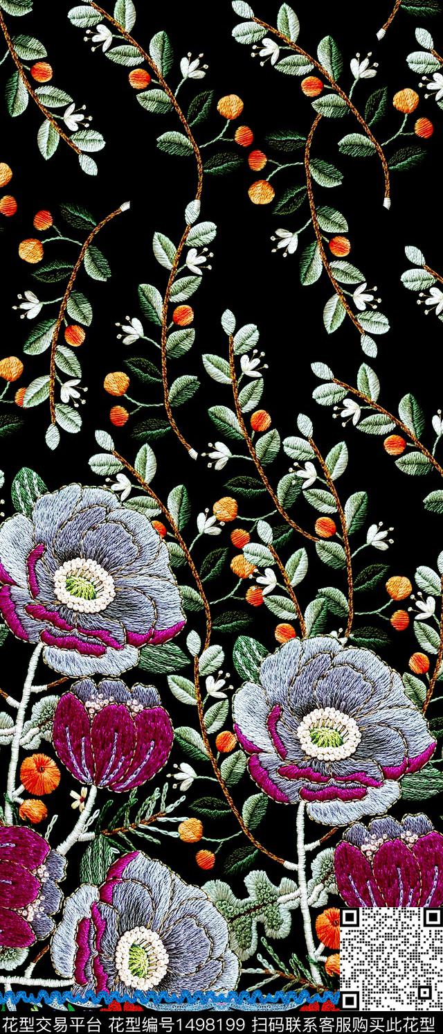 CR19-4-077.jpg - 1498199 - 民族风 刺绣花卉 黑底花卉 - 数码印花花型 － 女装花型设计 － 瓦栏