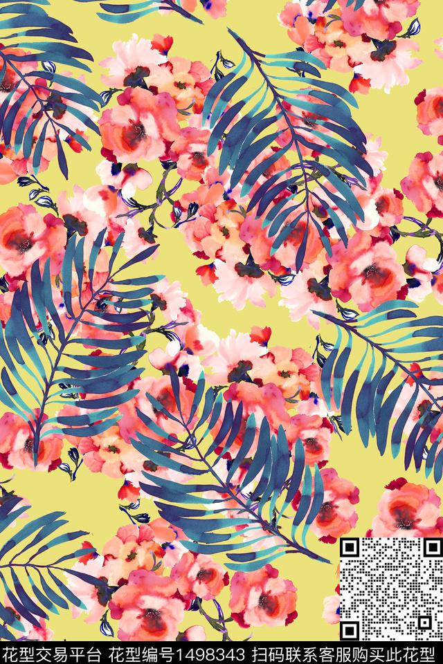 绿植树叶花卉热带花型数码印花花型下载（图片编号: 1498343） - 瓦栏（Walan）