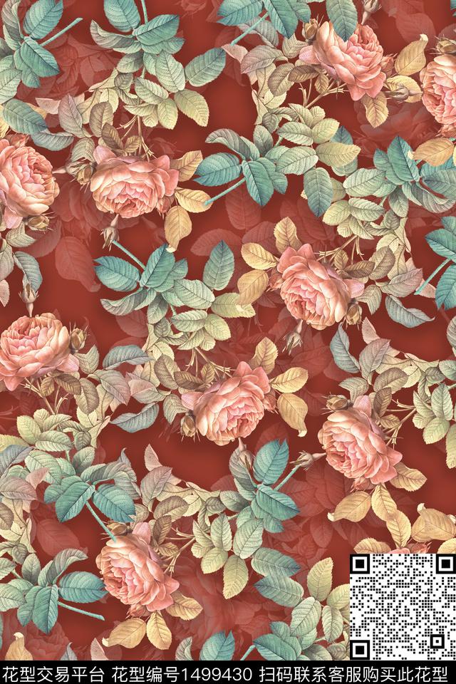 绿植树叶玫瑰花花卉数码印花花型下载（图片编号: 1499430） - 瓦栏（Walan）
