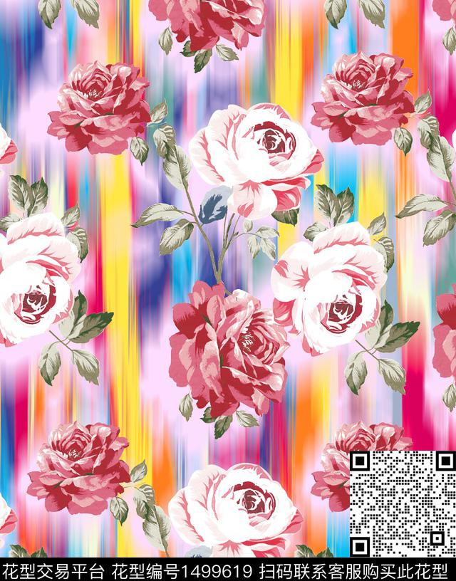 玫瑰花花卉大牌风数码印花花型下载（图片编号: 1499619） - 瓦栏（Walan）