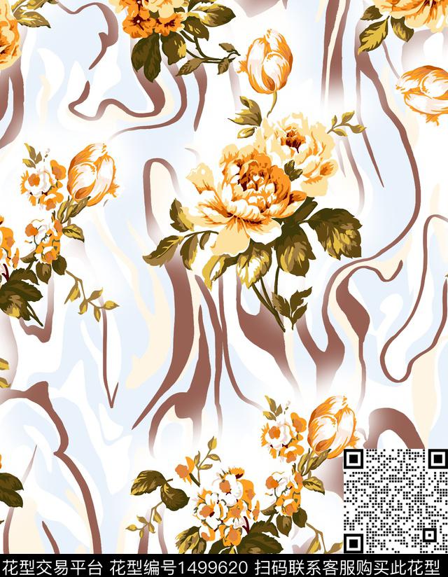 玫瑰花花卉大牌风数码印花花型下载（图片编号: 1499620） - 瓦栏（Walan）