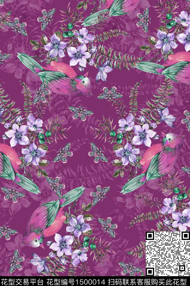 绿植树叶花鸟喜鹊数码印花花型下载（图片编号: 1500014） - 瓦栏（Walan）