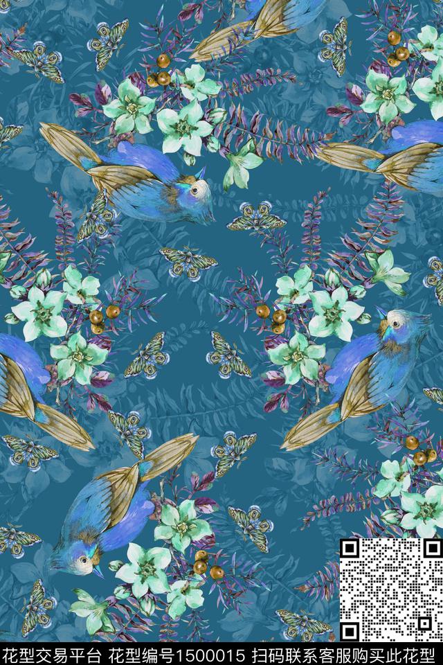 绿植树叶花鸟喜鹊数码印花花型下载（图片编号: 1500015） - 瓦栏（Walan）
