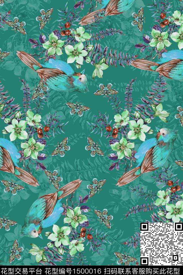绿植树叶花鸟喜鹊数码印花花型下载（图片编号: 1500016） - 瓦栏（Walan）