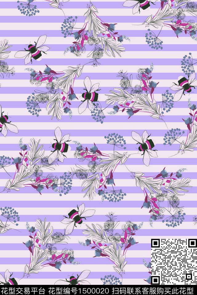 绿植树叶蜜蜂水草数码印花花型下载（图片编号: 1500020） - 瓦栏（Walan）