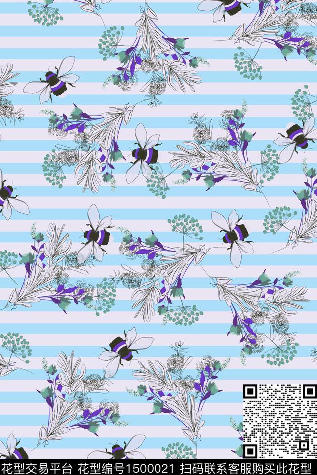 绿植树叶蜜蜂水草数码印花花型下载（图片编号: 1500021） - 瓦栏（Walan）