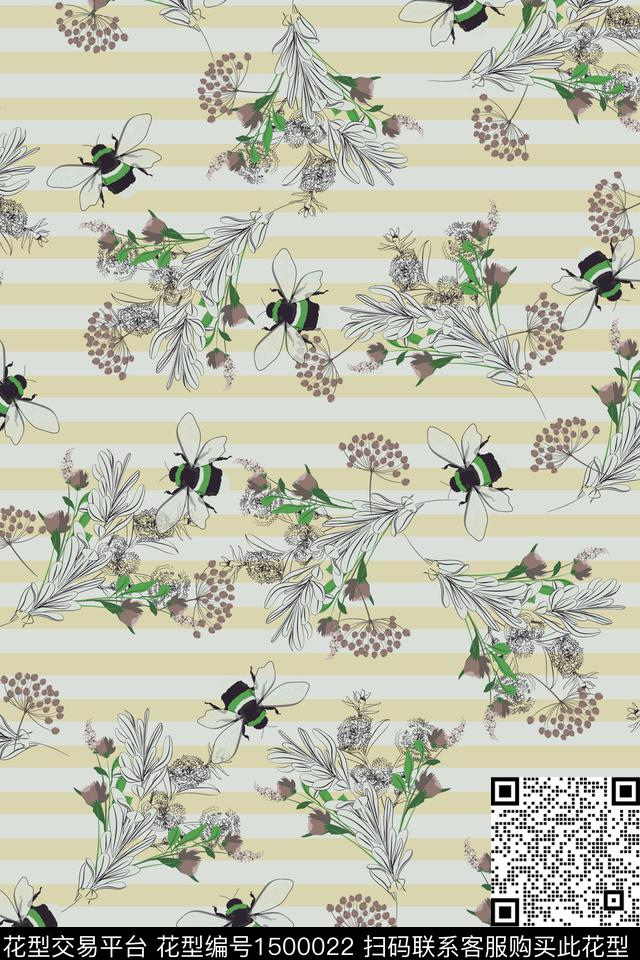 绿植树叶蜜蜂水草数码印花花型下载（图片编号: 1500022） - 瓦栏（Walan）