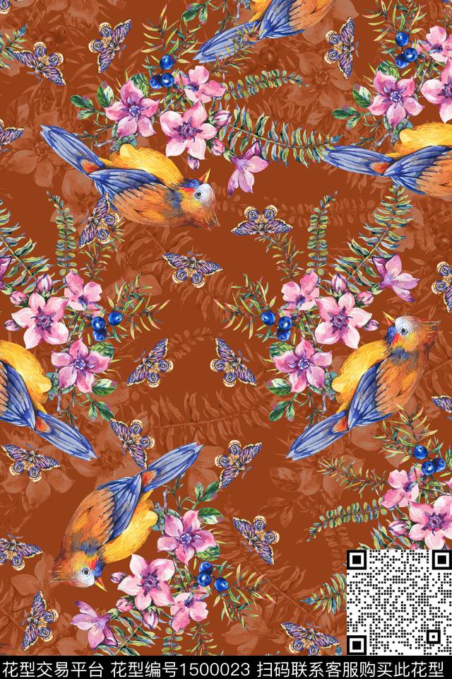 绿植树叶花鸟喜鹊数码印花花型下载（图片编号: 1500023） - 瓦栏（Walan）